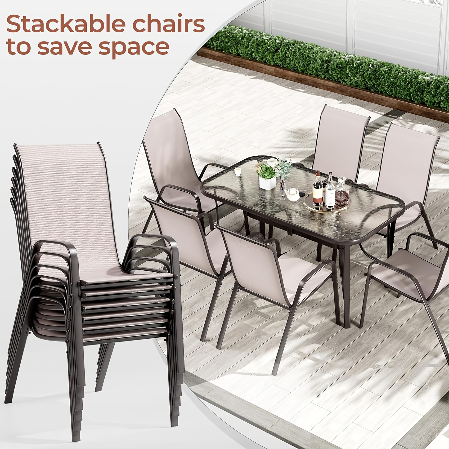 7pcs Outdoor Table And Chairs for 6, Outdoor Dining Set W/Rectangle Glass Table And 6 Patio Textilene Stackable Chairs, Patio Furniture Set W/Umbrella Hole, Umbrella Not Included