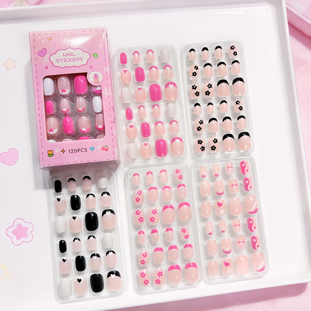 120pcs cute   press on nails short black flowers   nails for birthday gifts   up