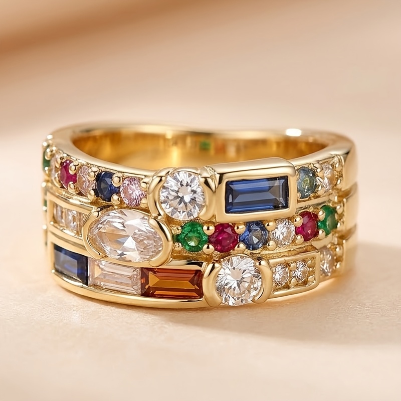 TEMU 1pc Luxurious Retro-style Colored Zirconia Asymmetric Wide Band Women' Ring - Elegant Exquisite Triple Row Synthetic Zirconia Design - Handmade