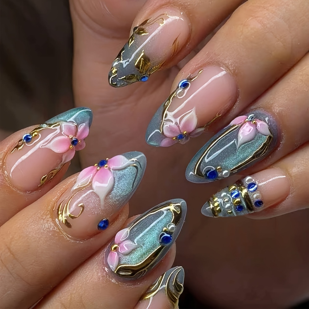 TEMU 30pcs 3d Cat Eye Gold-plated Nails, 3d Lily Shining Blue Diamond Pearls, Nail , For Women's Nail Art