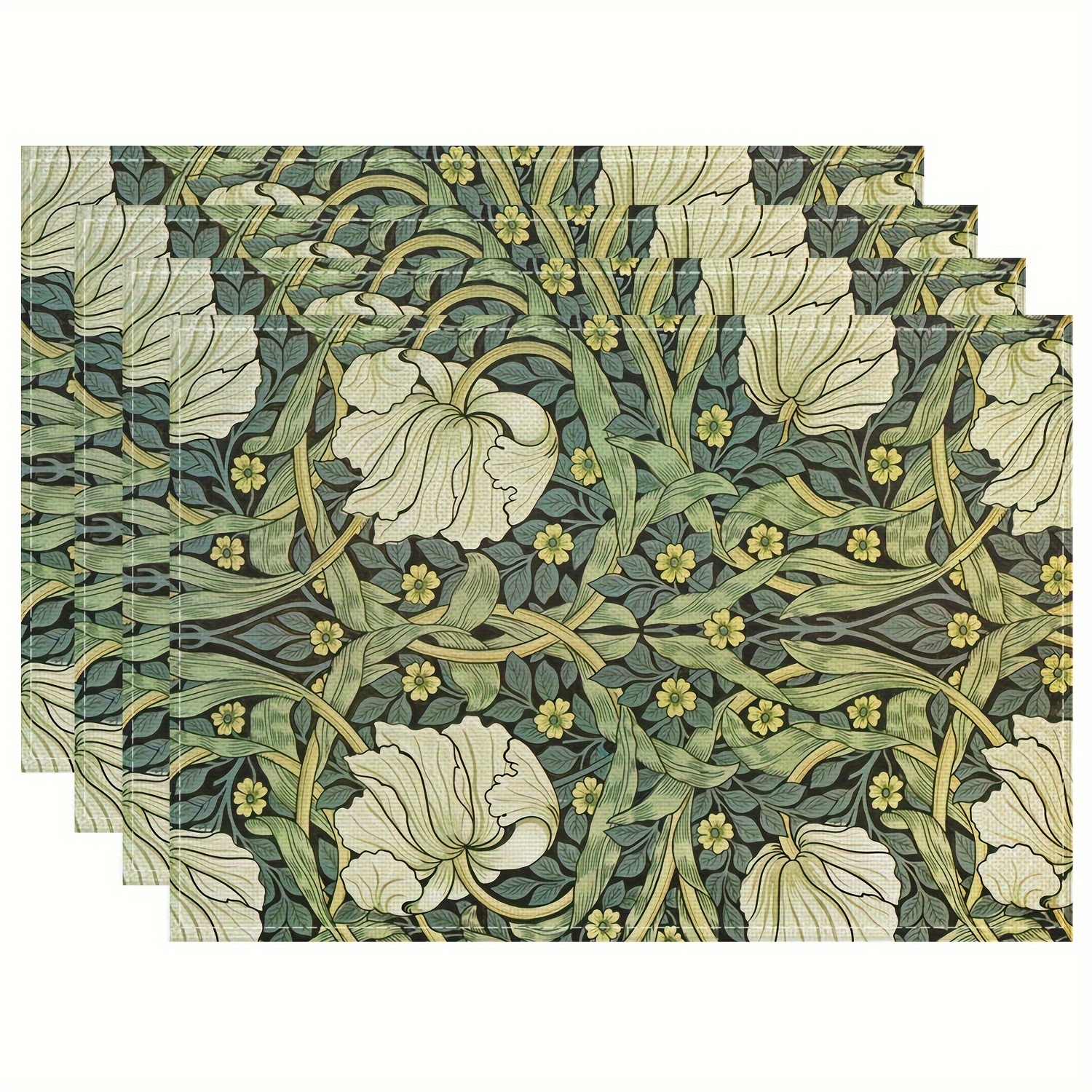 

4-piece Botanical Green Placemats - 12x18" Linen Blend, Rectangular, Woven, Hand-washable, Vintage Floral Design For Dining & Kitchen Decor