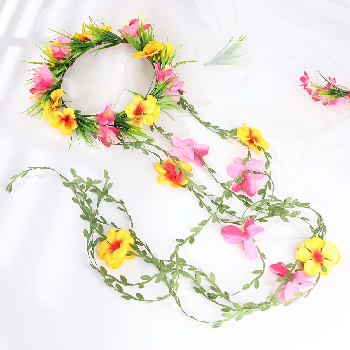 TEMU Bohemian Style Simulated Hibiscus Flower Garland Additions Tassel Flower Headband Beach Vacation Photo Atmosphere Hair Additions