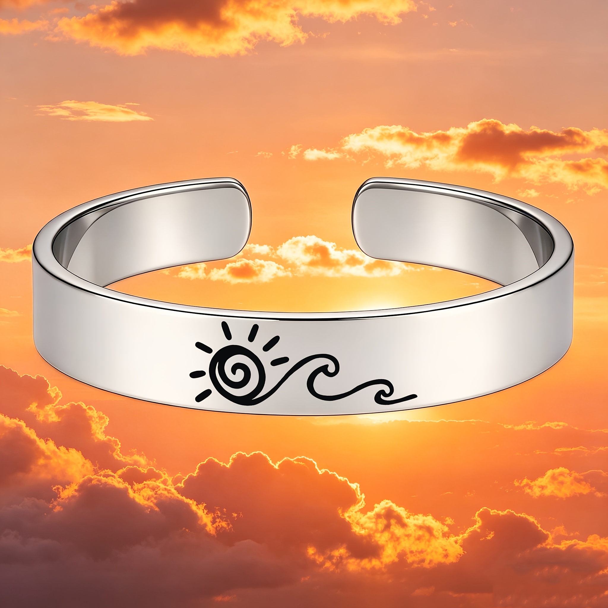 Women's Minimalist Sun and Wave Pattern 304 Stainless Steel Open Bangle