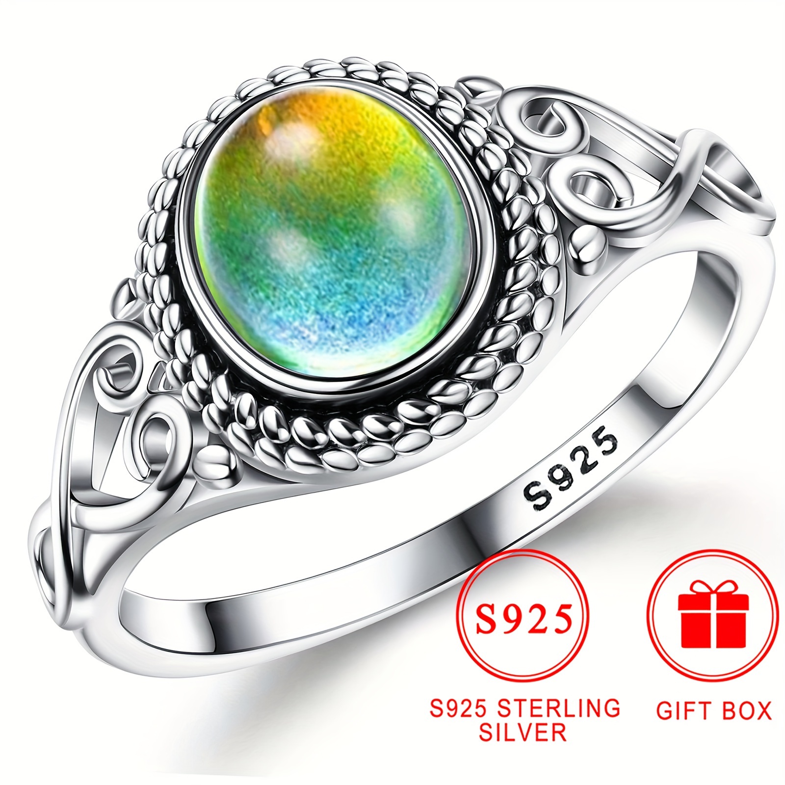 

925 Sterling Silvery Emotional Temperature Sensing Color Changing Ring Women' Handmade Victorian Oval Ring Jewelry Daily Party Holiday Gift With Gift Box