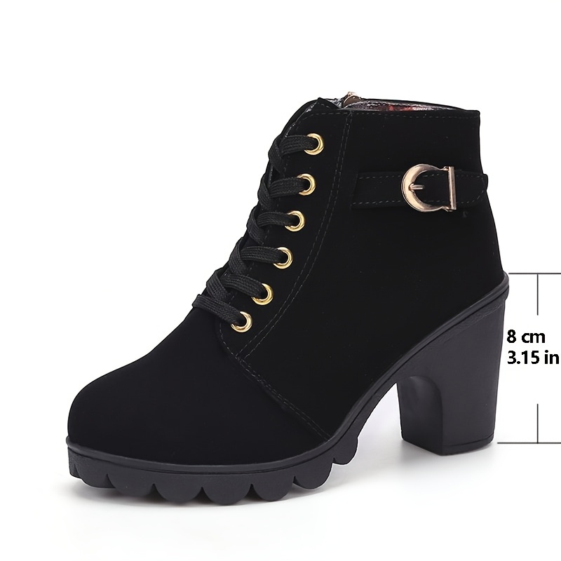 women s black chunky platform ankle boots - synthetic cover round toe lace-up boots with thick rubber sole & side zipper, comfortable casual & formal footwear, side zipper footwear, round toe design, durable traction footwear 0