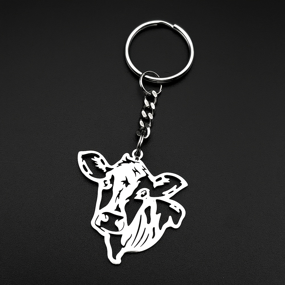 Image of Animal Highland Cow Key Chain For Women Men Stainless Steel Golden Hollow Cute Calf Bull Bag Decor Key Ring Holder Jewelry