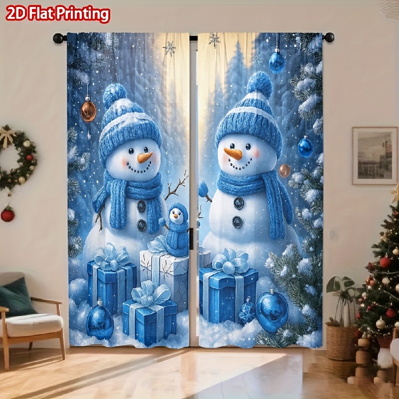 TEMU 2d Flat - 2d Flat Printing 2pcs Decorations Winter Snowman Box Pattern Window Curtains Blue White Holiday Theme Rod Filtering Drapes Living Room