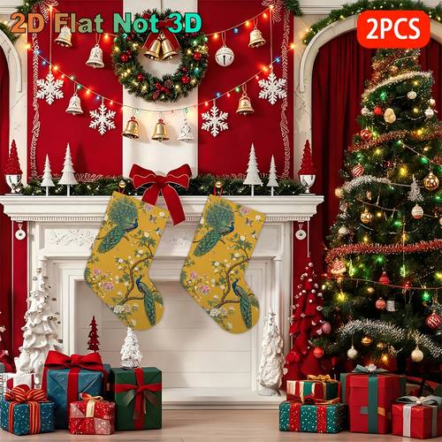 item picture 2d flat 2pcs christmas socks holiday decorative socks peacock floral themed christmas socks suitable for parties fireplace decor the for decor enthusiasts classic fashionable christmas scene decoration