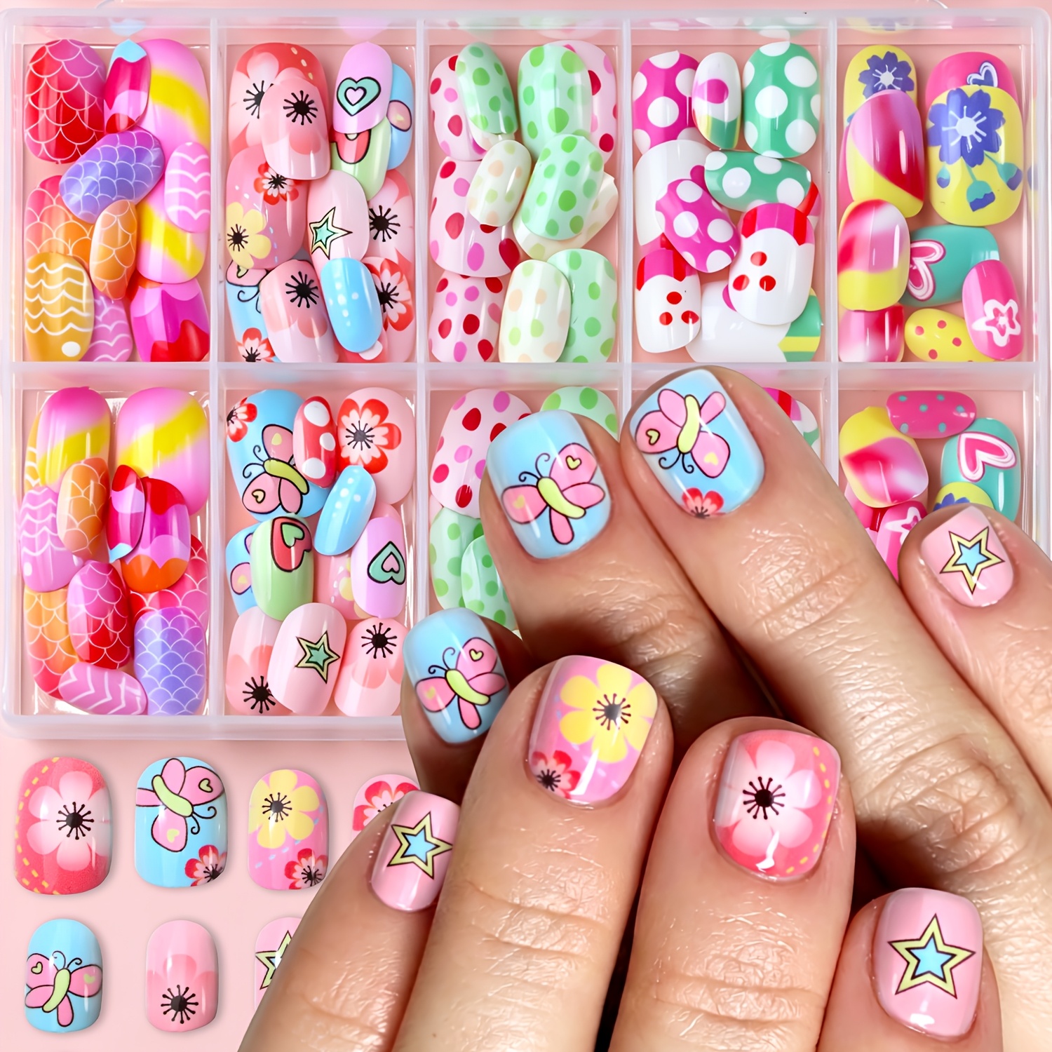 TEMU 120pcs Cute Cartoon Press On Nails Short Oval Fake , Vibrant Colorful Polka Dot Floral False Nail, Cute Summer Reusable Stick On Nails For Women