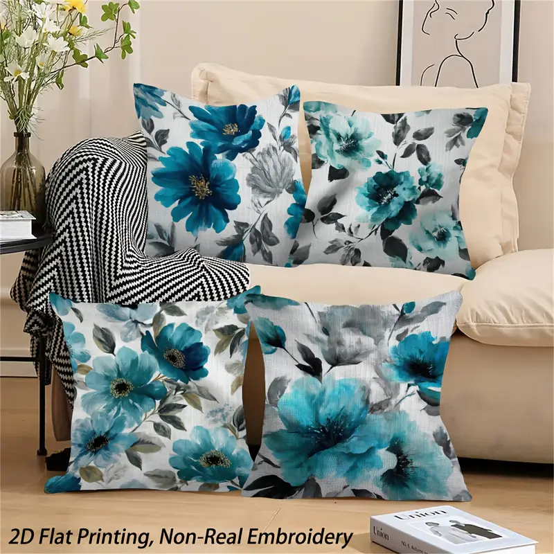 2d flat printing, 4pcs teal throw pillow covers, double-sided design, polyester, non-real embroidery, zipper, machine washable, contemporary style for sofa, bedroom, car, office decor - inserts not included, pillow for living room, beautiful modern cushion covers, bed pillows decor, sofa accessories, bedroom accents, floral pattern, durable fabric, covers, decorative pillows, interior designers, , 2d flat Product details 7