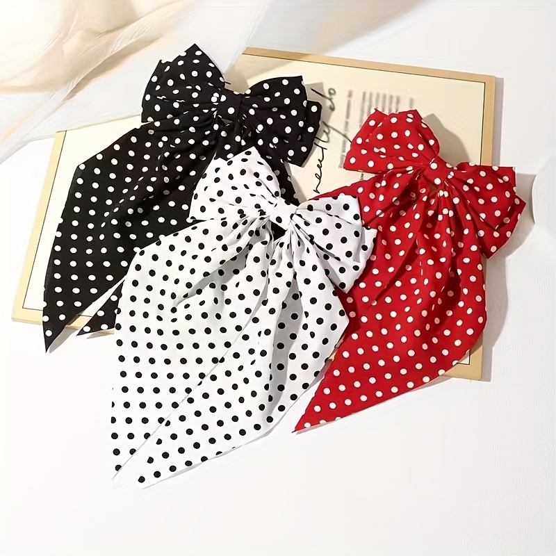 Image of 3pcs Women's Elegant Bow Spring Clips, Polka Dot Print Design - Fashionable Back-of-head Bow Ribbon Hair Accessories For Daily Use, Parties, Travel, And Bohemian Hairstyles