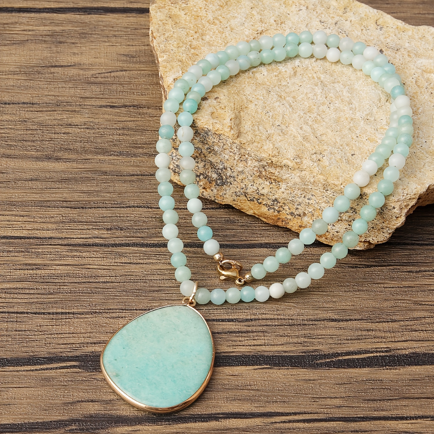 Amazonite Pendant Necklace with Golden-Tone Bezel