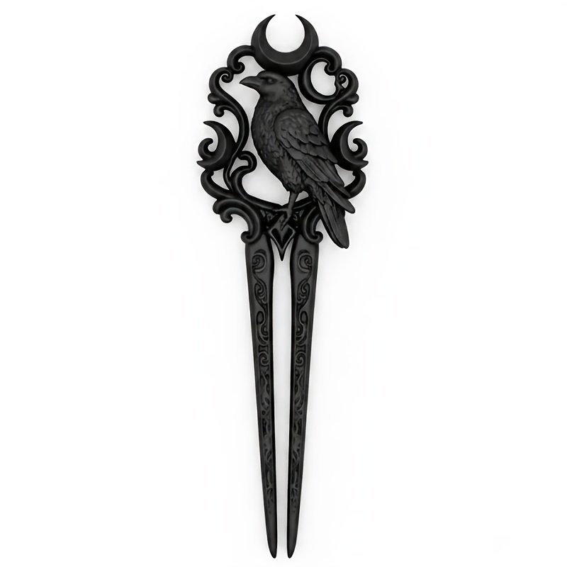 TEMU 1pc Matte Black Gothic Style Crow And Moon Double-prong Hairpin – 3d Printed, Plastic Material, Vintage Gothic Updo Accessory, Halloween Costume