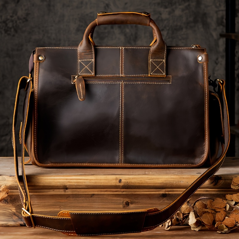 1pc Men's Leather Handbag, Top Layer Cowhide Shoulder Bag, Vintage Travel Sling Bag - Click Image to Close