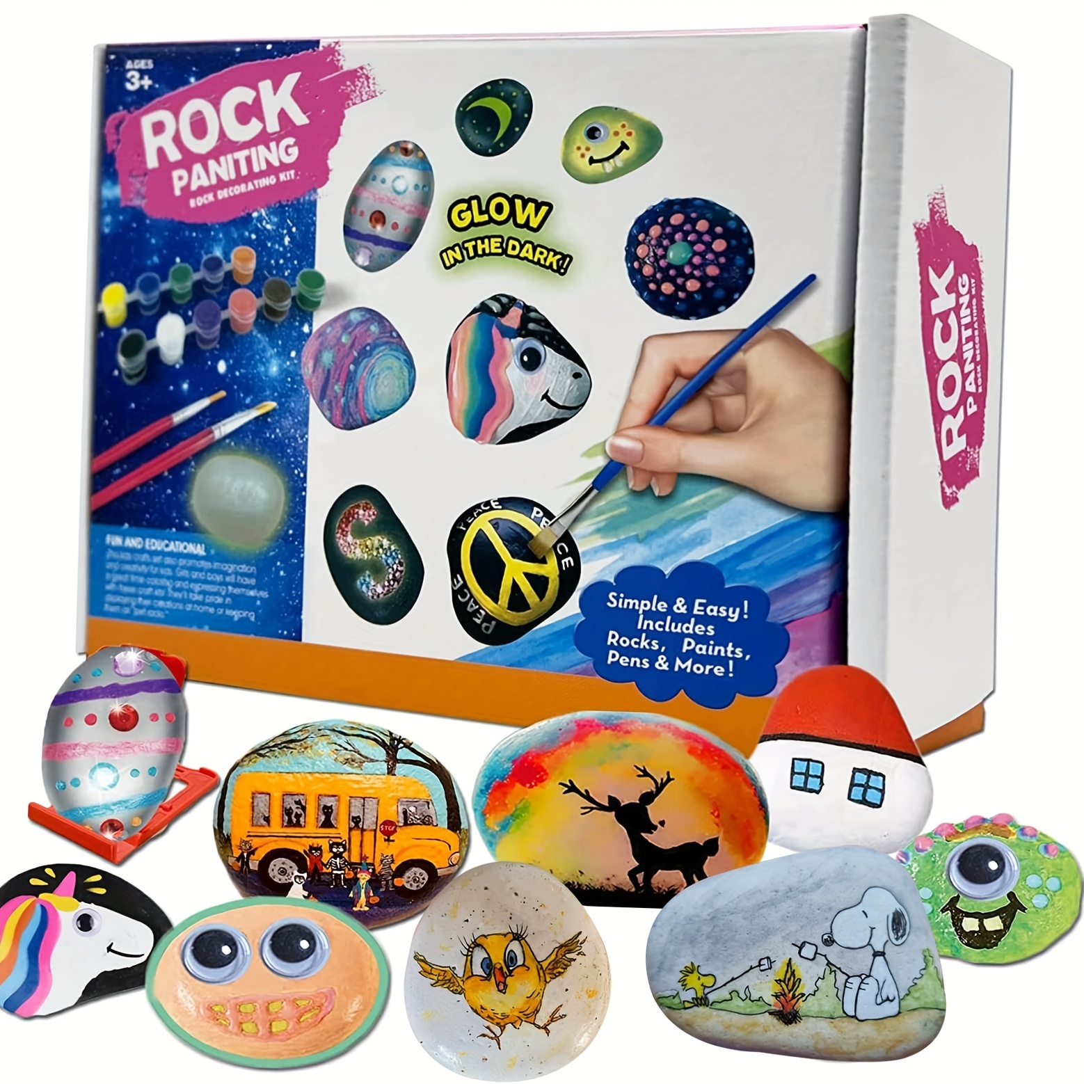 

1set Rock Painting Kit, Acrylic Paints And Pens For Smooth , Diy Craft Set For Creative , -the-dark Stones, Ideal Gift For Boys And Girls