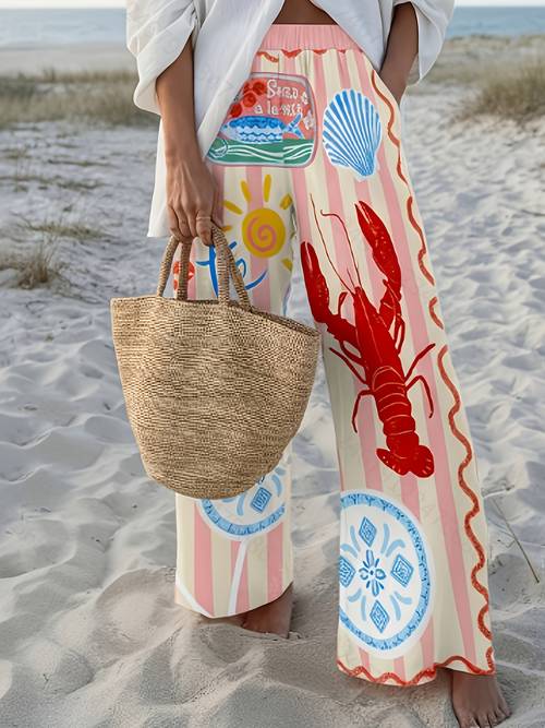 kreeftenschelp print + en witte strepen, lichtgewicht, ademend, wapperend en losse pasvorm, perfect voor strandvakantie en vrijetijdskleding, resort- dameskleding