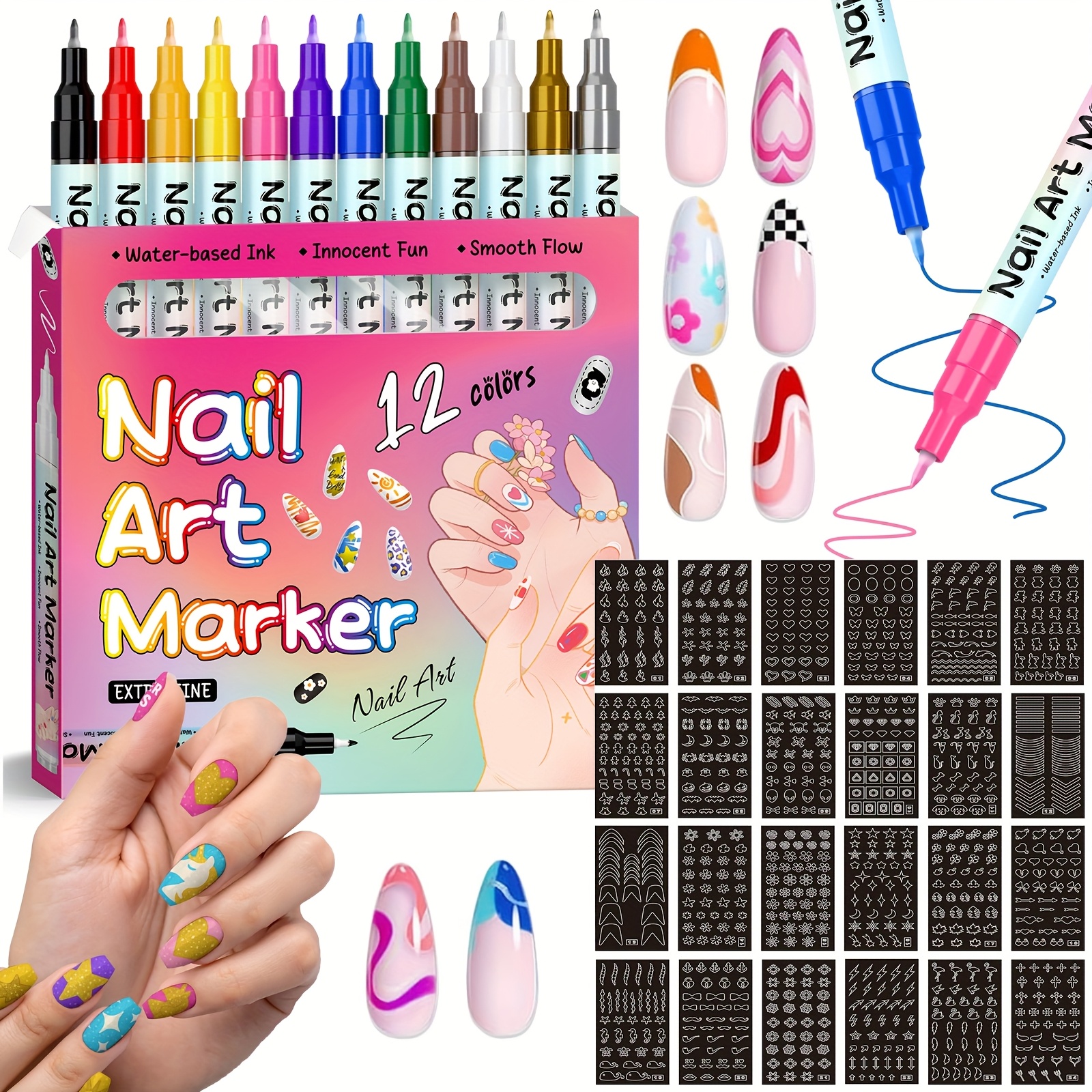 12 color 0 7mm 3d nail art pen 24 nail stencil set quick - Temu Canada