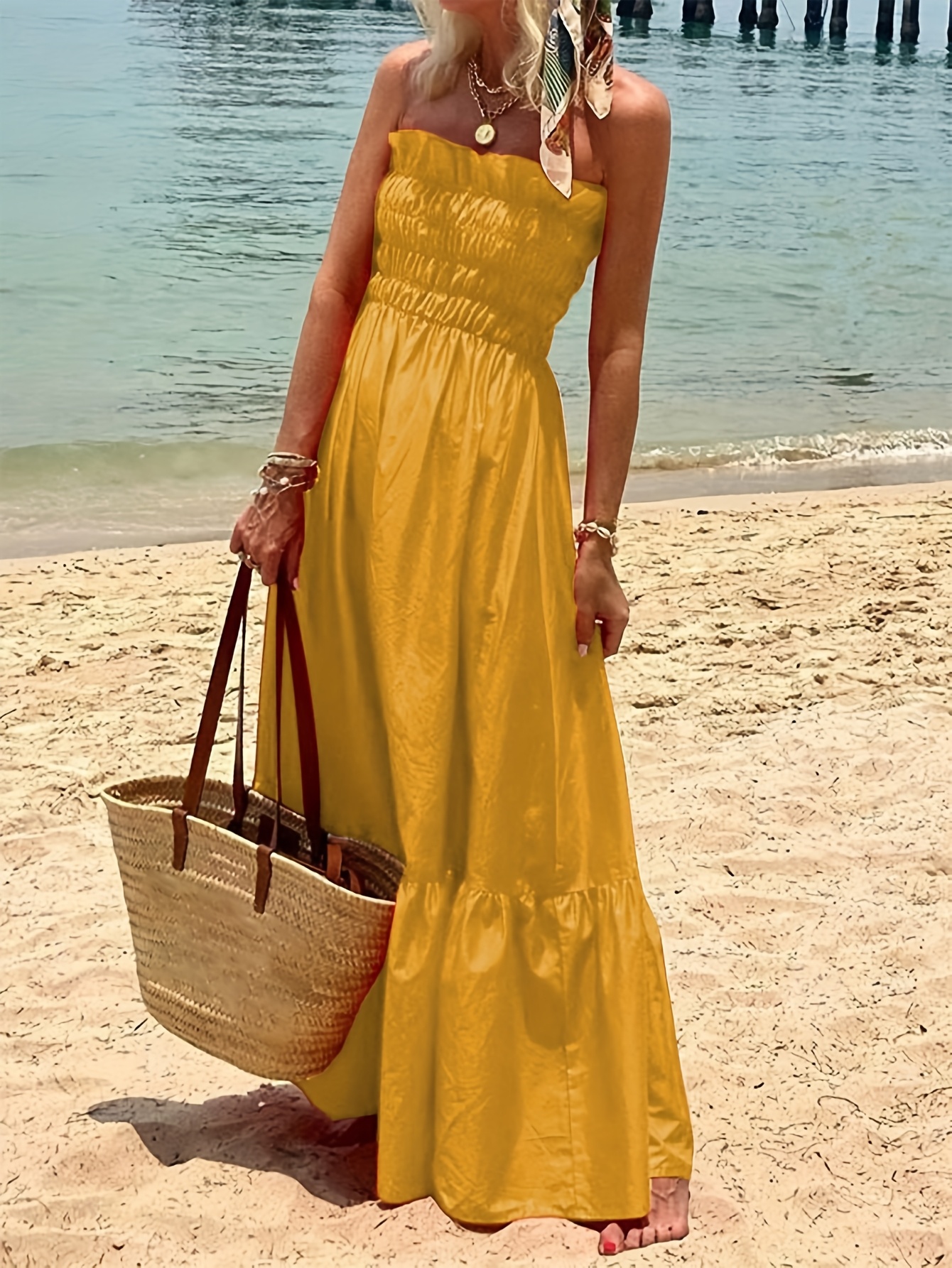 elegant yellow strapless beach dress women sexy shoulder Temu
