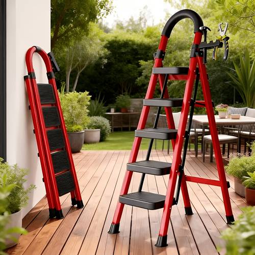 heavy duty steel step stool with anti slip wide treads handrails safety lock design black and red color scheme portable multi functional ladder for home and kitchen use
