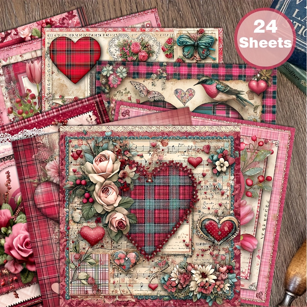 TEMU 24pcs Of 6x6 Inch Vintage Valentine's Day Collage Paper, Featuring A Romantic, Shabby Chic Style, Suitable For Collages, Handmade Origami