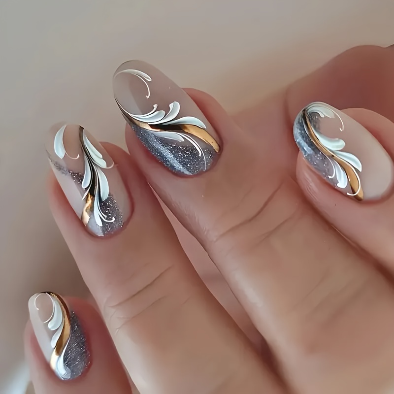 Image of Upgrade Your Look With 24 Short Almond-shaped Press-on Nails With Silvery Stripes And White , Glossy Fake Nails, Extendable And Detachable Nails, With Jelly Glue 1 Nail File 1