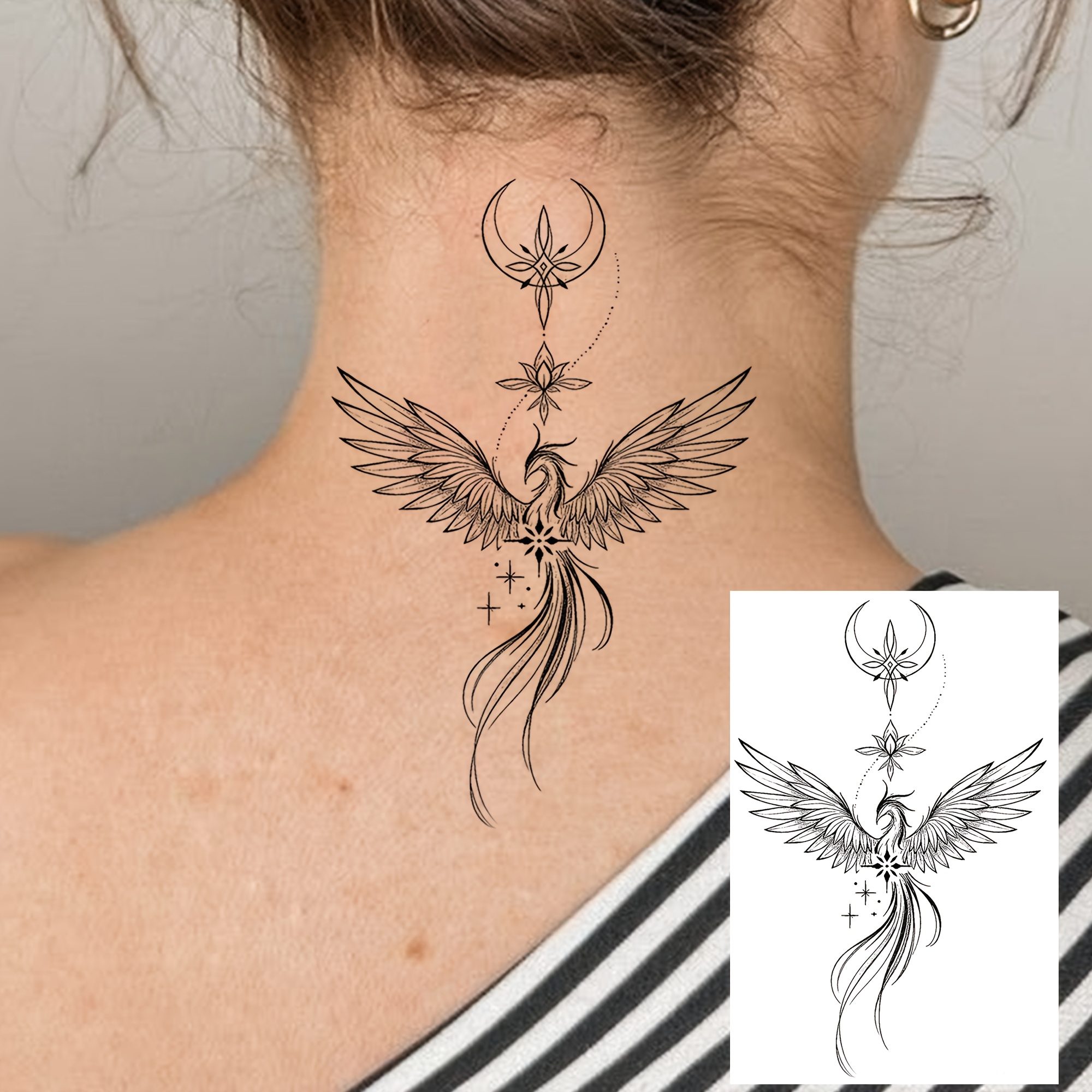 TEMU 1 Sheet Moon, Lotus, Phoenix Temporary Tattoos For Women Men Hands Finger Foot Neck Waist Legs Thigh Forearm Shank Half Sleeve Arm, Temp Fake