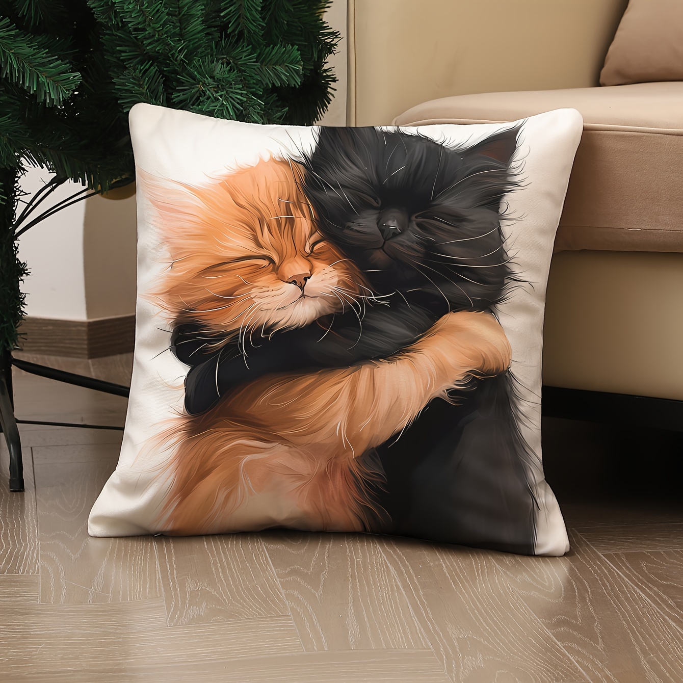 

1pc Adorable Cat Hug Linen Pillowcase 17.7"x17.7" - Decor Accent For Sofa, Living Room, Bedroom - Machine Washable, Zip Closure, No Insert Included