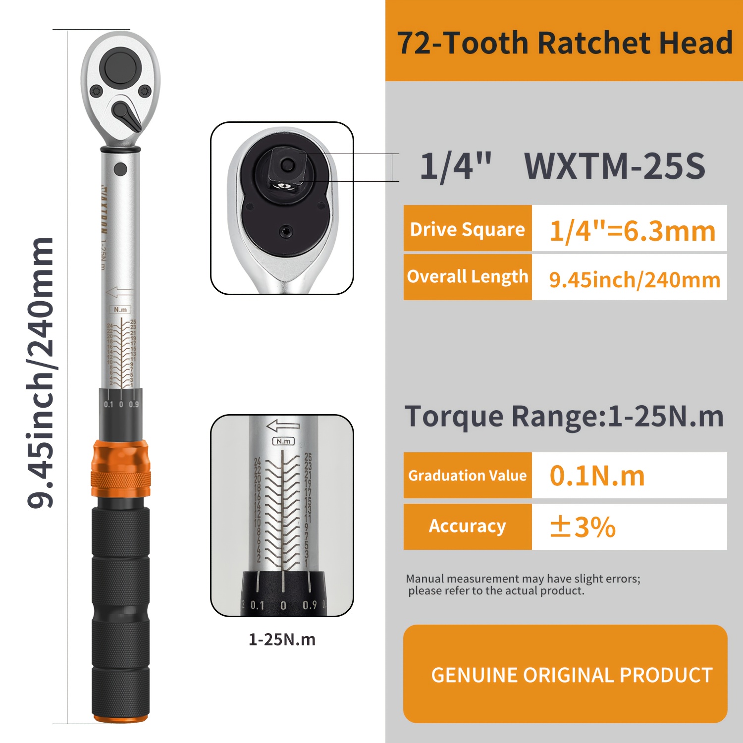 TEMU 1/4-inch Torque Wrench With Dual Scale 1-25 N M Bidirectional Adjustment Torque For Bicycle And Automotive Maintenance