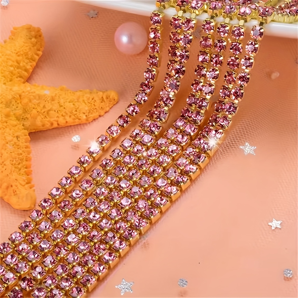 TEMU 4.57 Meter Diy Rhinestone Chain With Golden Bottom - Sparkling Multi-colored Synthetic Gemstonestones For Clothing, Shoes, And Bag Decoration -