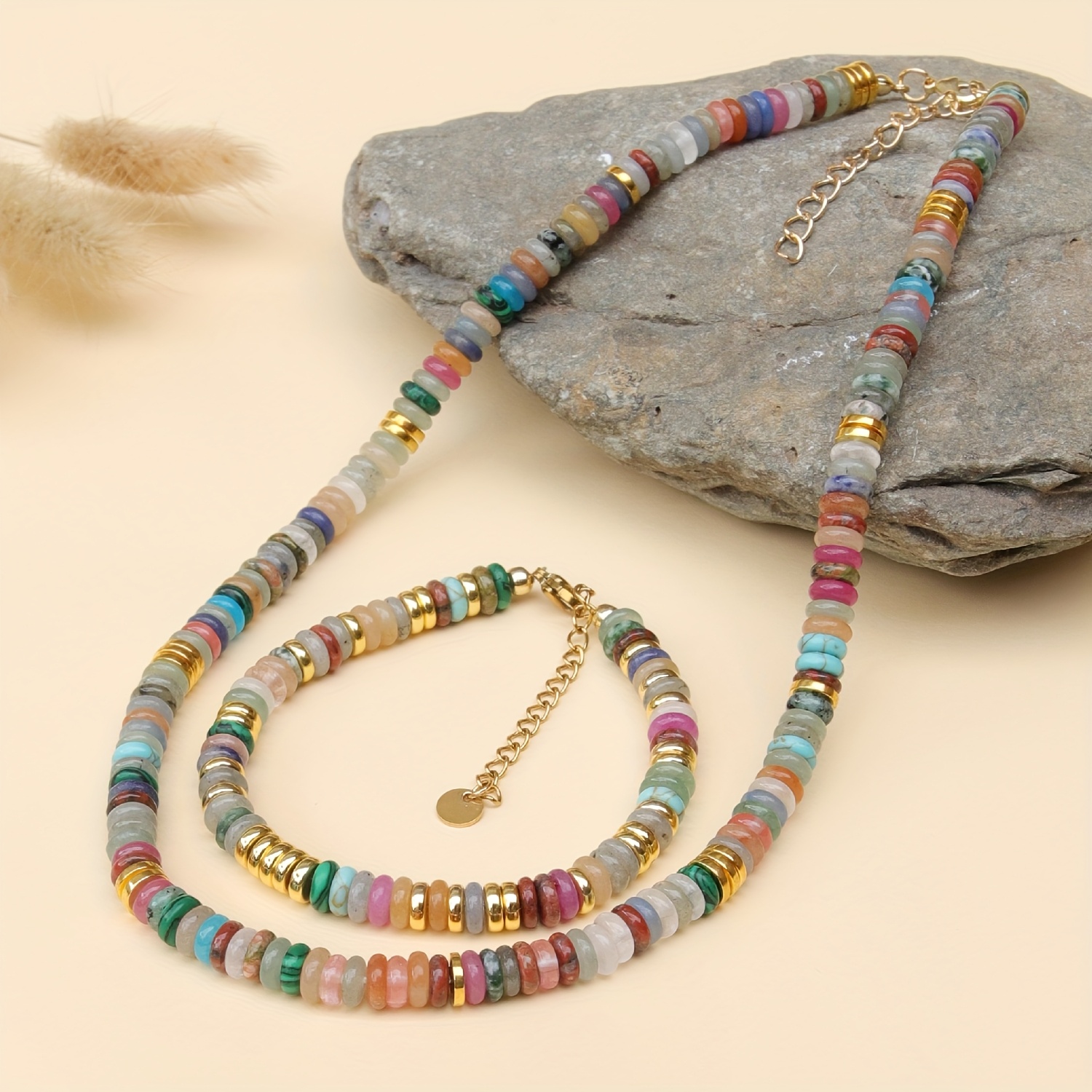 Image of Set Of 2 Chic Jewelry - Necklace And Bracelet | Natural Colorful Stones, Elegant | Handmade And Adjustable, Perfect Women's Fashion Accessory | Great For Everyday Use, Holidays & Celebrations, Gift