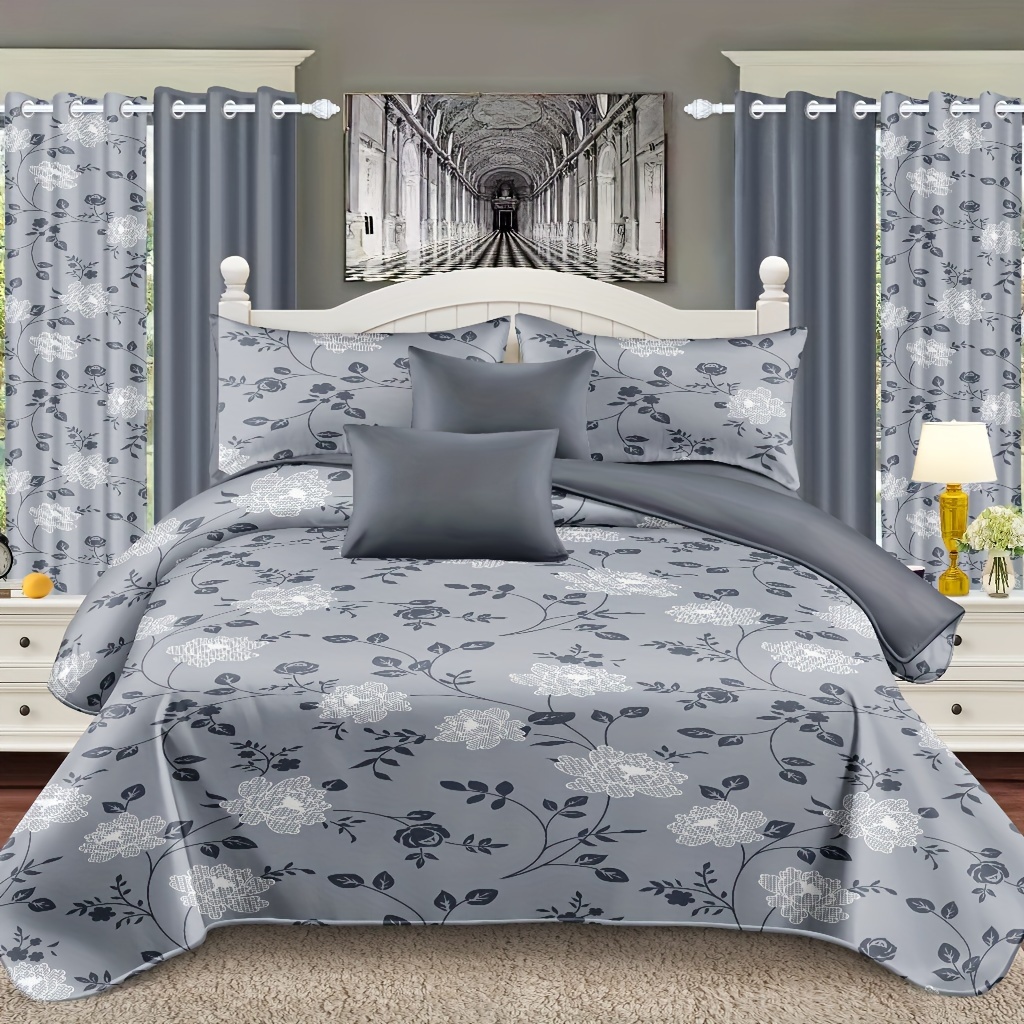 

9pcs Bedspread Set - Soft, Comfortable, Floral Pattern Queen King And Cal King Size With 1 Bedspread, 2 Pillowcases, 2 Printed Curtains And 4 Solid Curtains For Any Season.