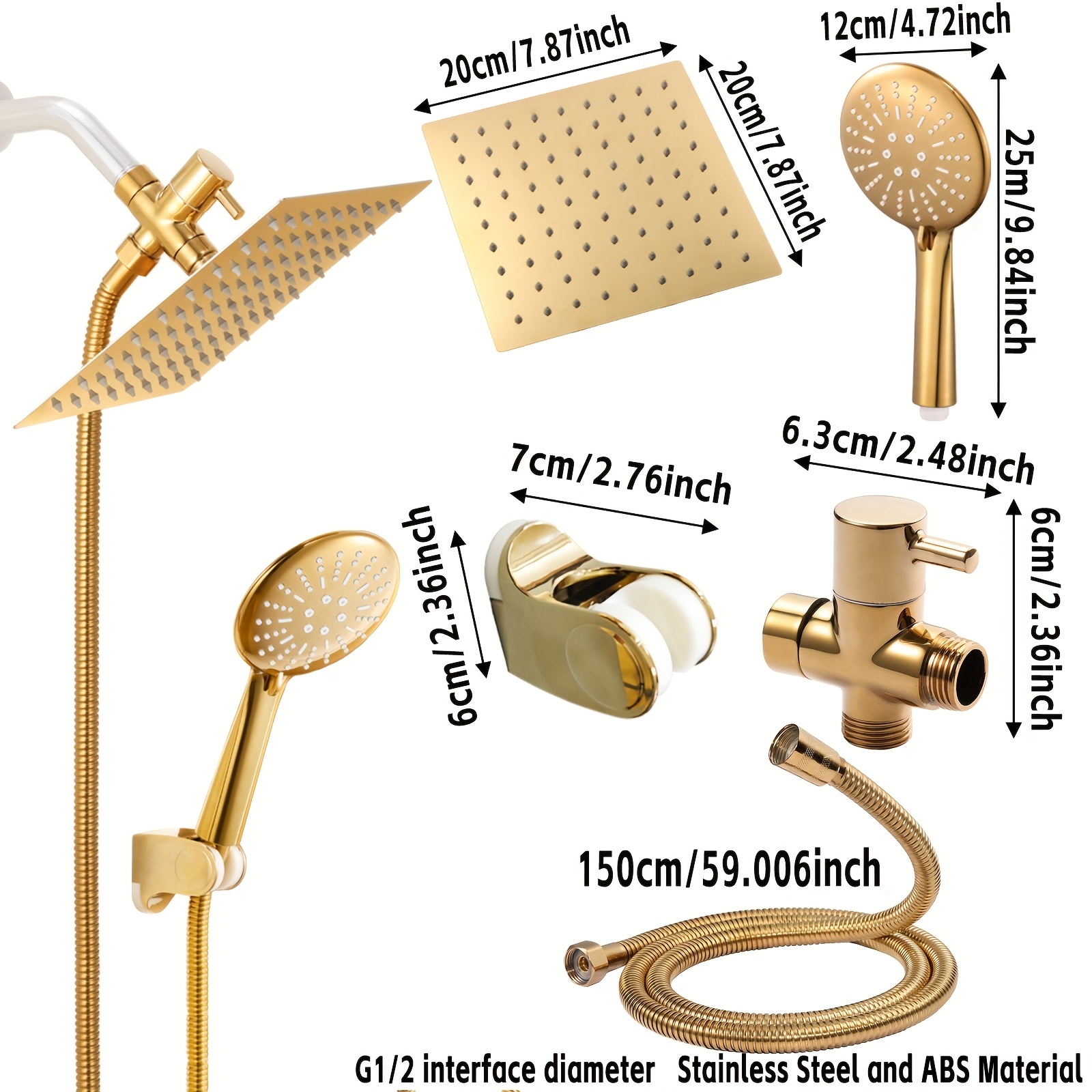 Golden High Pressure Square Rain Shower Head and Handle Set