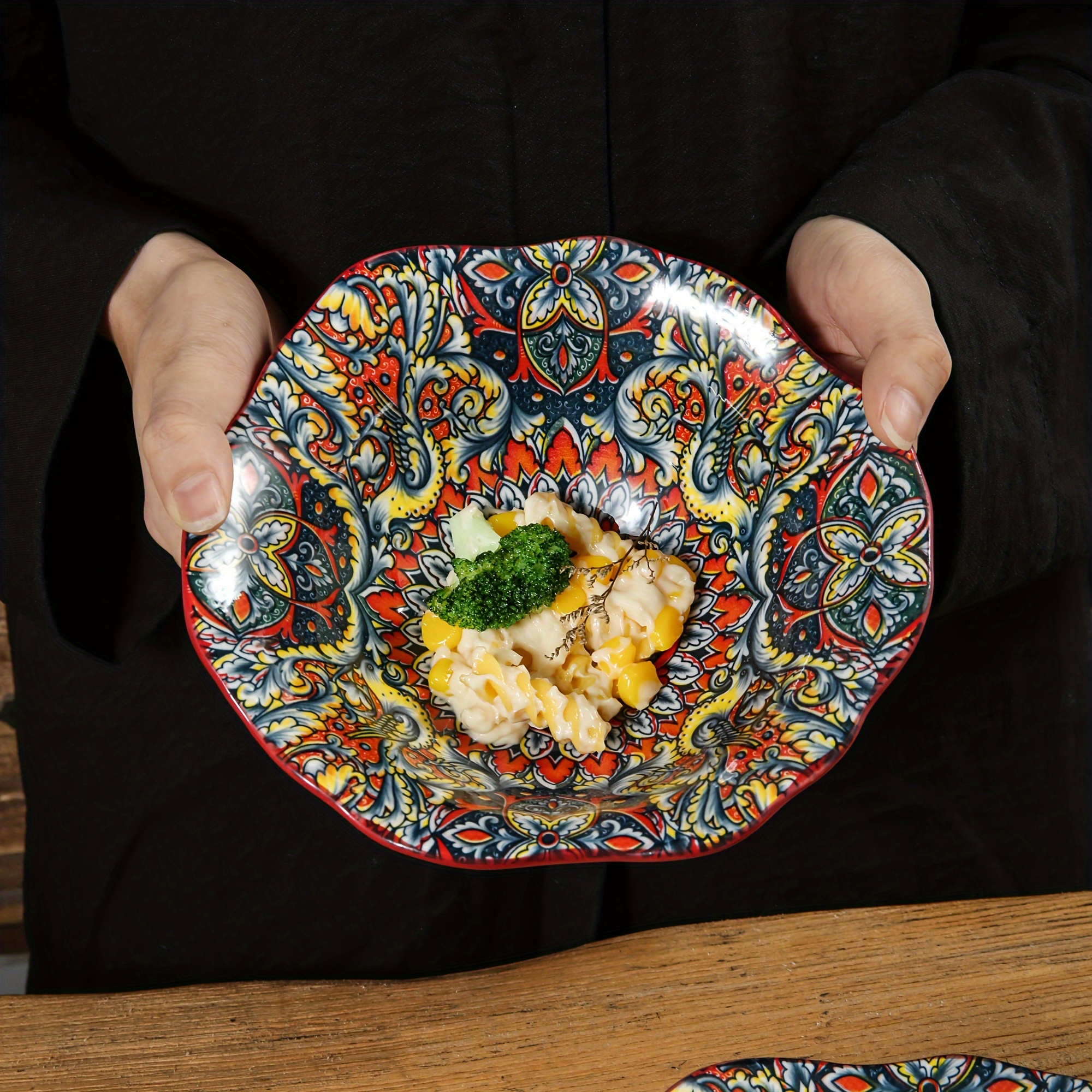 

Bohemian Floral Ceramic Salad Bowl - Microwave Safe, Irregular Shape For Home & Restaurant Use Decorative Bowl For Home Decor Wooden Salad Bowl