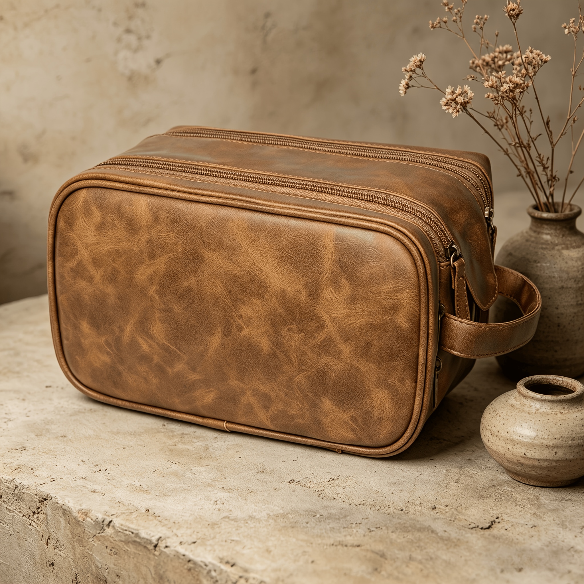 Vintage Toiletry Bag Suitable For Travel, Large Multi-compartment Cosmetic With Double Zipper Closure & Top Handle, Lightweight Dopp Kit For Men, Shaving Essentials, Business Trips, Gift