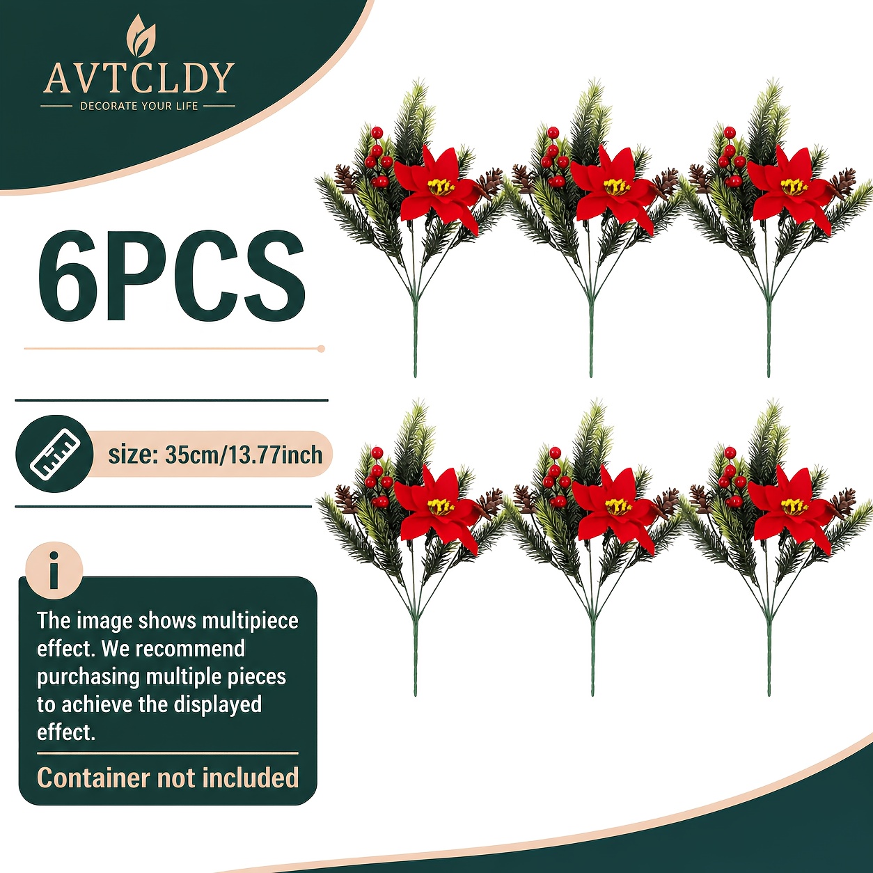 TEMU 6pcs Christmas Red Artificial Bouquet, With Red Berries, Pine Needles And Evergreen Leaves, And Floral Arrangement, Suitable For Christmas Tree,