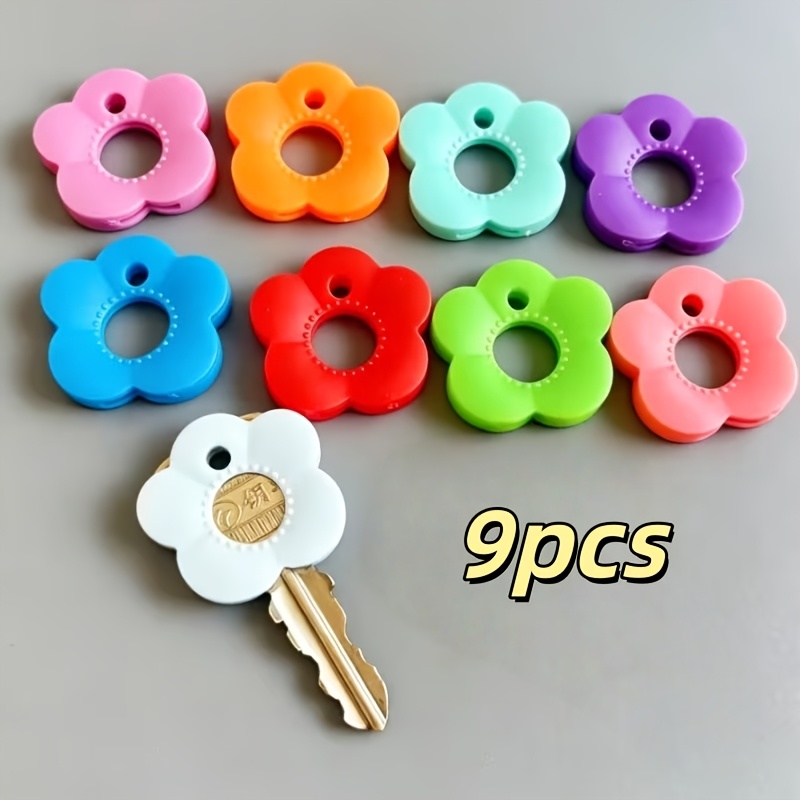TEMU Juego de fundas para llaves de flores coloridas de 9 colores aleatorios con etiquetas - Protectores de llaves duraderos con código de color para