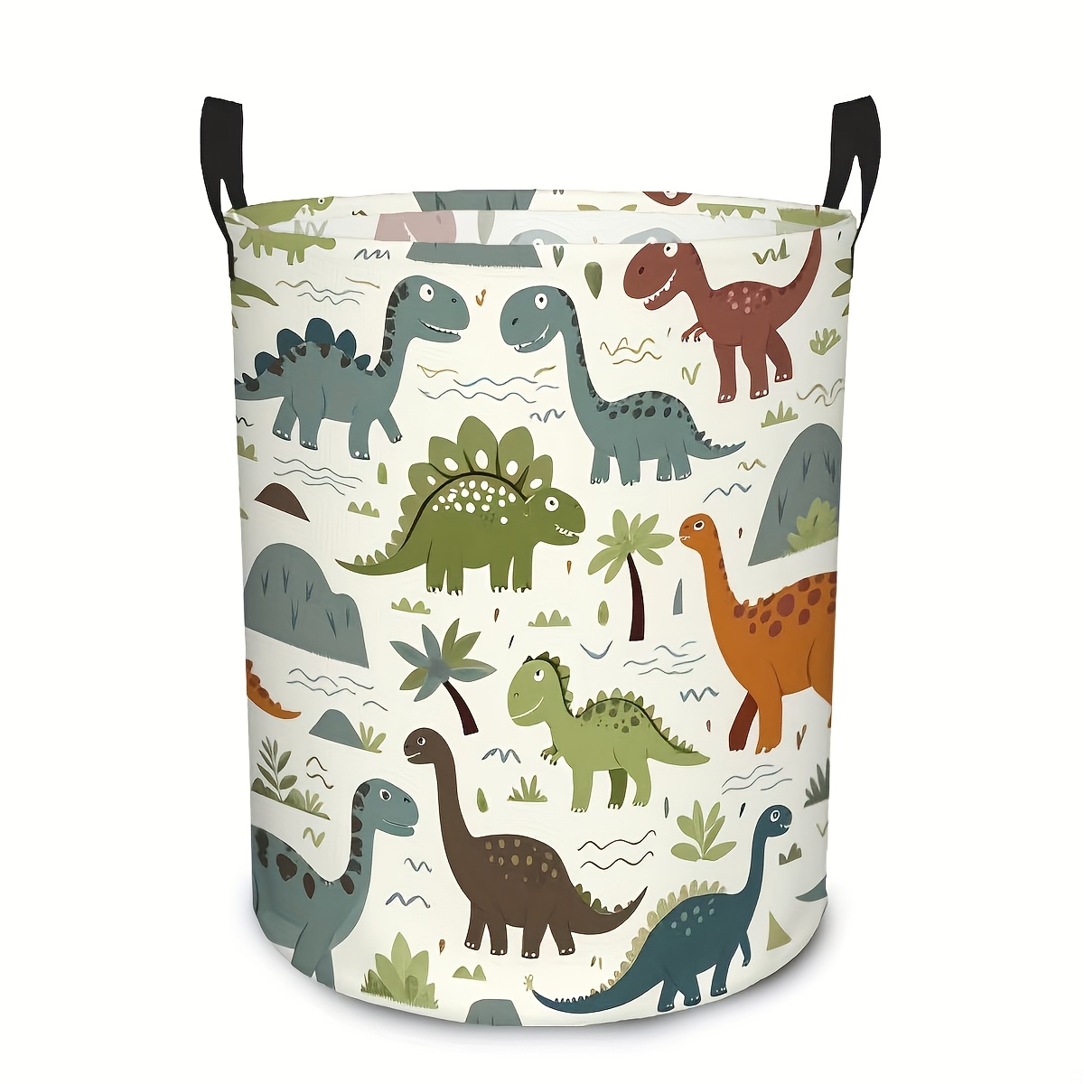 TEMU 1pc Foldable Dinosaur Jungle Laundry Basket - Round Storage Basket With Handle, Colorful Dinosaur And Fossil Pattern, Suitable For Clothes,