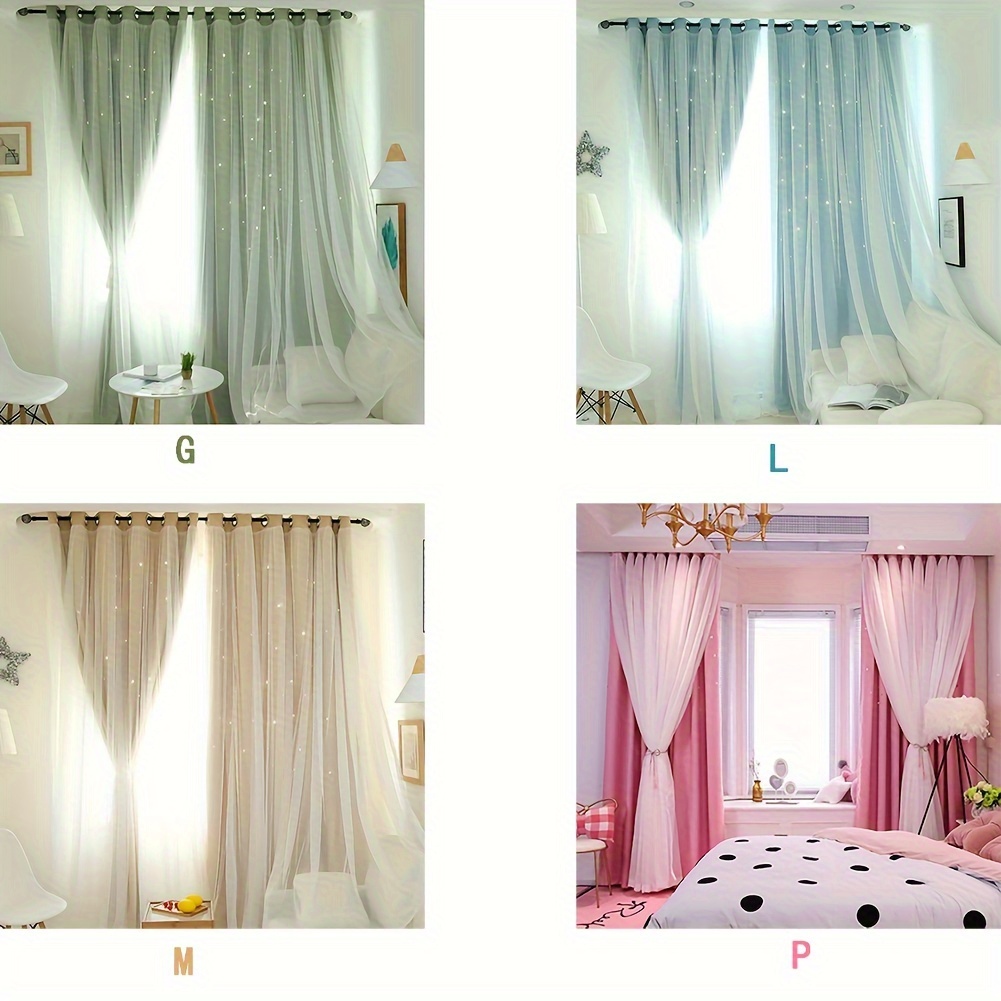 

2pcs/set Romance Double-deck Cloth & Blackout Floor-standing Curtain Star Hollow Curtain Drape, High Shading