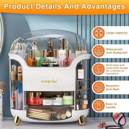 large capacity makeup organizer with dome lid waterproof rust proof cosmetic storage box for vanity or bathroom counter multi compartment for products makeup organizers storage