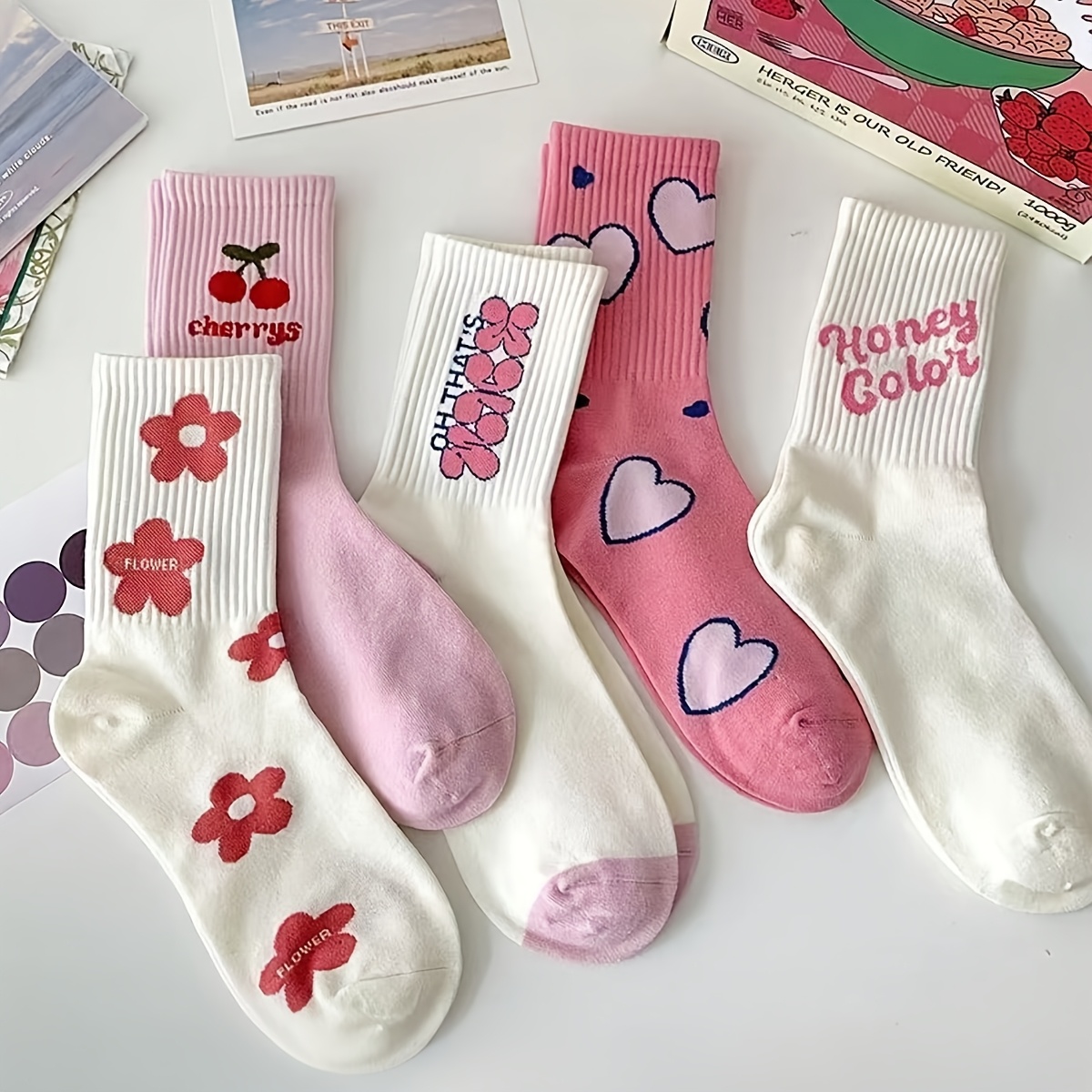TEMU Juego de 5 pares de calcetines pantorrilla con temática aleatoria de corazones y cerezas en tono rosa, cómodos y transpirables, , aptos para uso