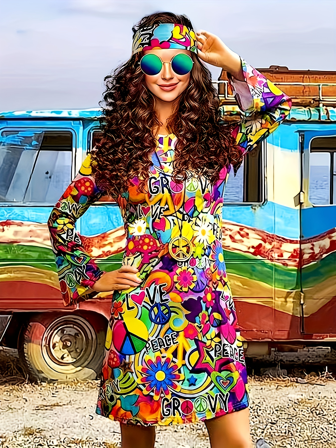 Hippie Halloween Cosplay Dress Long Sleeve Random Print - Temu Bahrain
