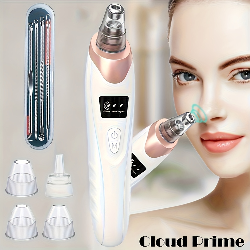 1pc Electric Blackhead Suction Device + Silvery Blackhead Needle Set, Rechargeable Blackhead Remover Tool with 3 Suction Levels and 5 Probes for Women and Men, Facial Extraction, Compact and Durable