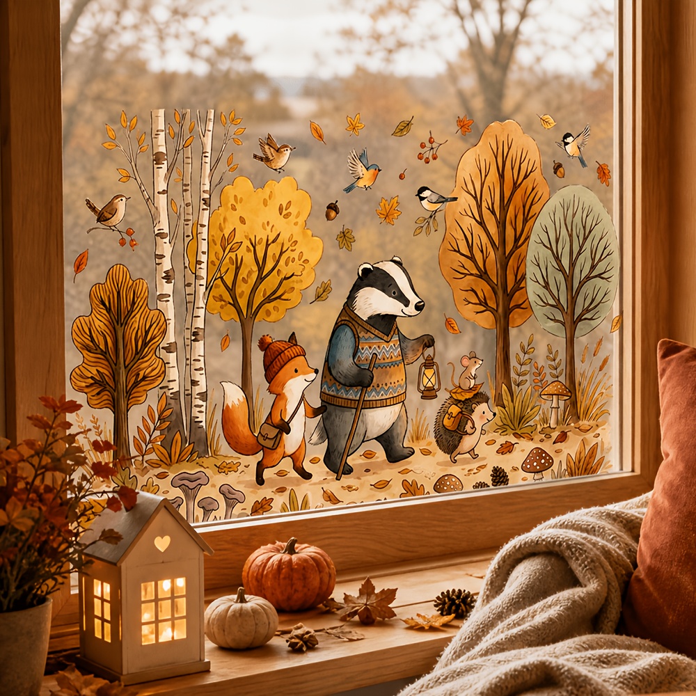 TEMU 1pc Forest-style Autumn Hiking Small Animals Window Decal, Pvc Adhesive-free Autumn Window Sticker, Forest Birds And Animals With And Mushrooms