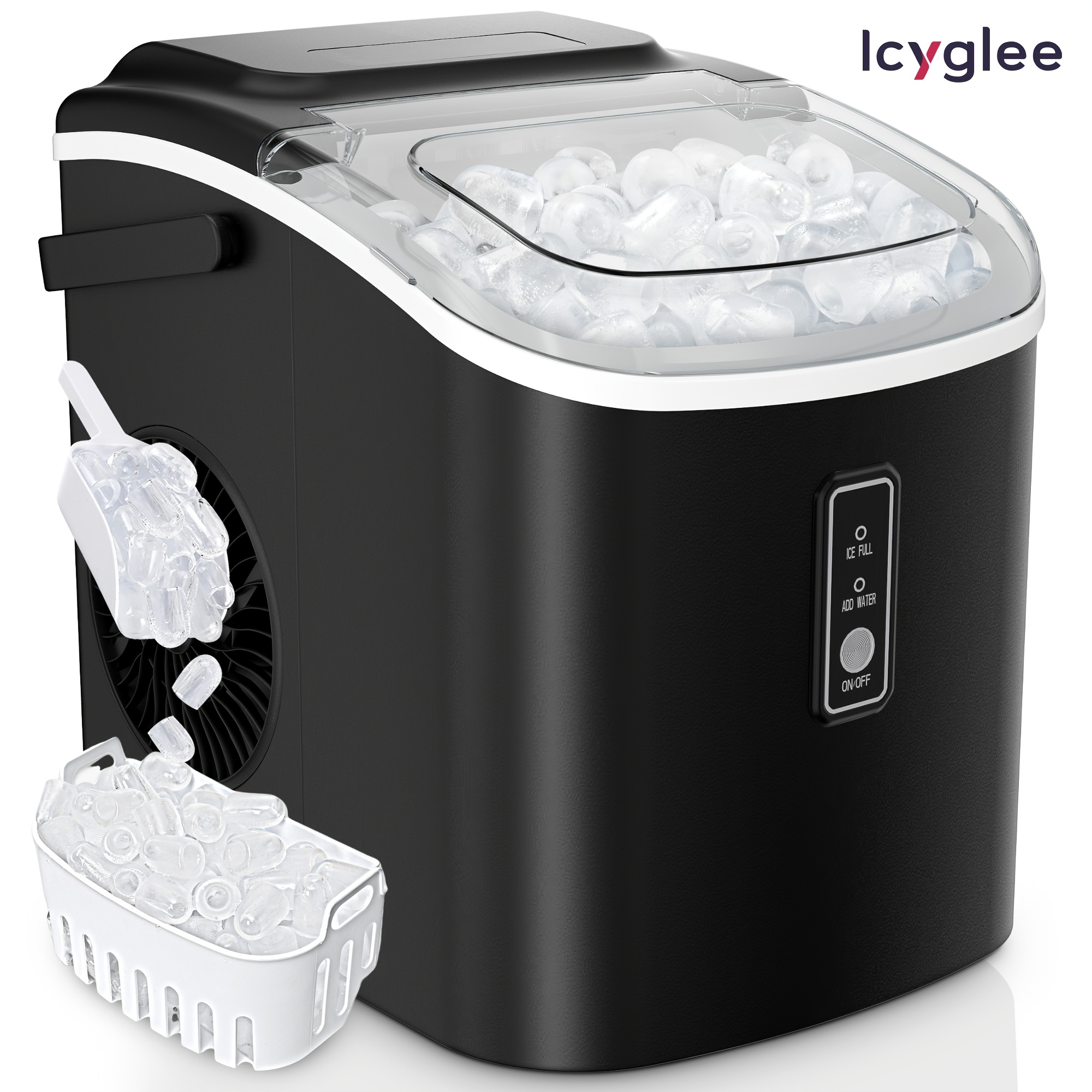 [ICYGLEE Ice Maker] ICYGLEE Portable Countertop Ice Makers | 9 Ice Pieces In 6 Mins, 26/26.5lbs Daily Production, Self-Cleaning Ice Producer with Ice Shovel & Basket, Space-Saving Ice Machine for Home/Kitchen/Office/RV (Black)