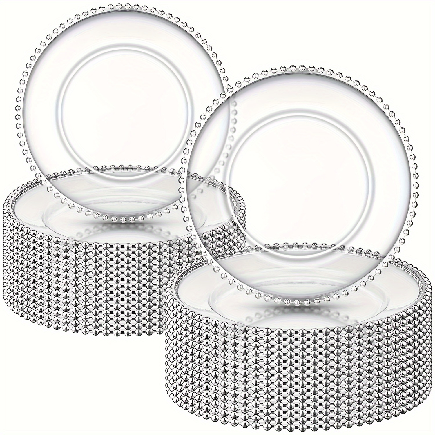 TEMU A Set Of 30 Silvery Plastic Beaded , 13-inch Round Dinner With Beads, Transparent Service Plates Suitable For Wedding, Birthday Parties, Bridal Gifts, Dinner Table Decorations For Events.