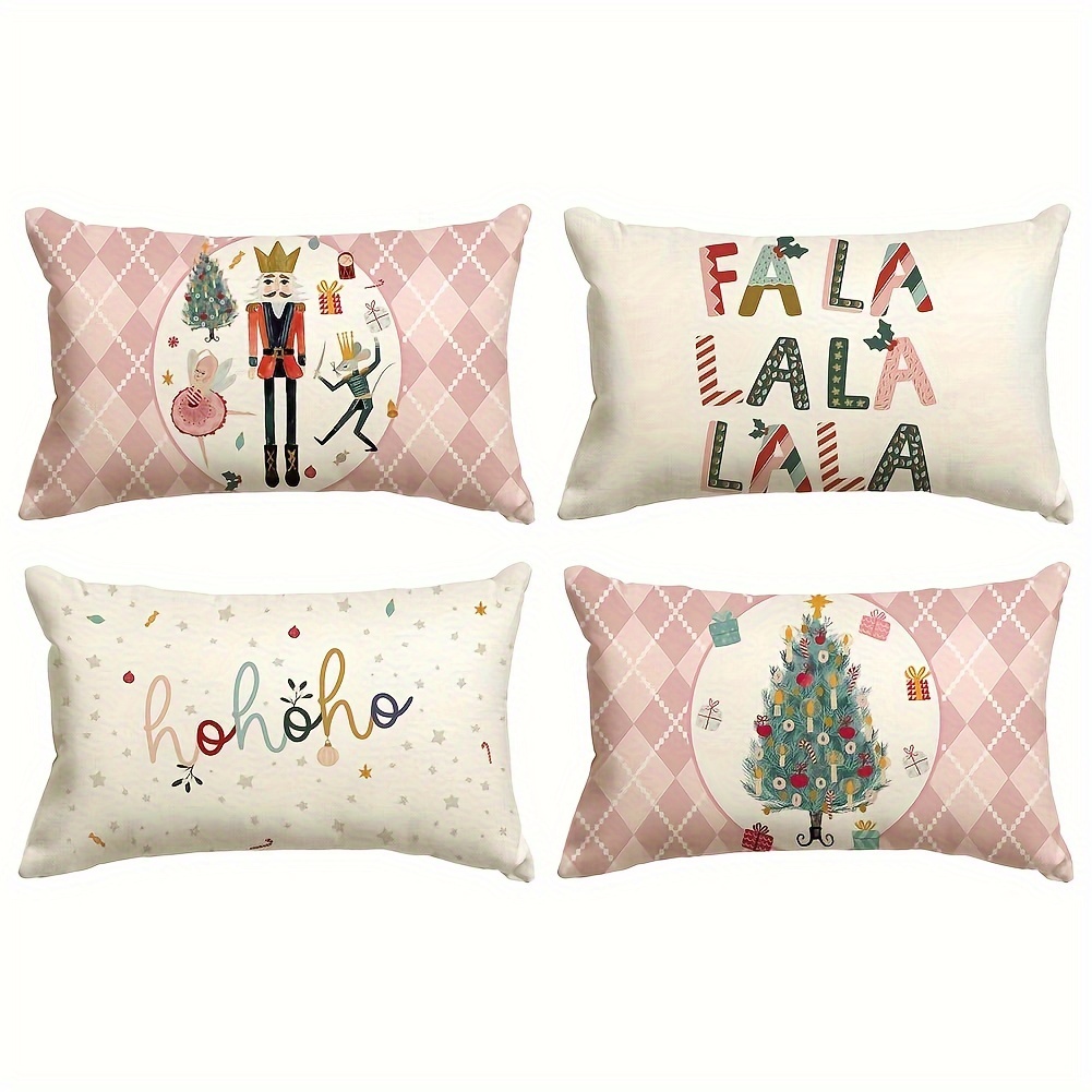 

4pcs, Sm:e Merry Christmas Nutcracker Pink Throw Pillow Covers, 12 X 20 Inch Party Decoration For Sofa Couch