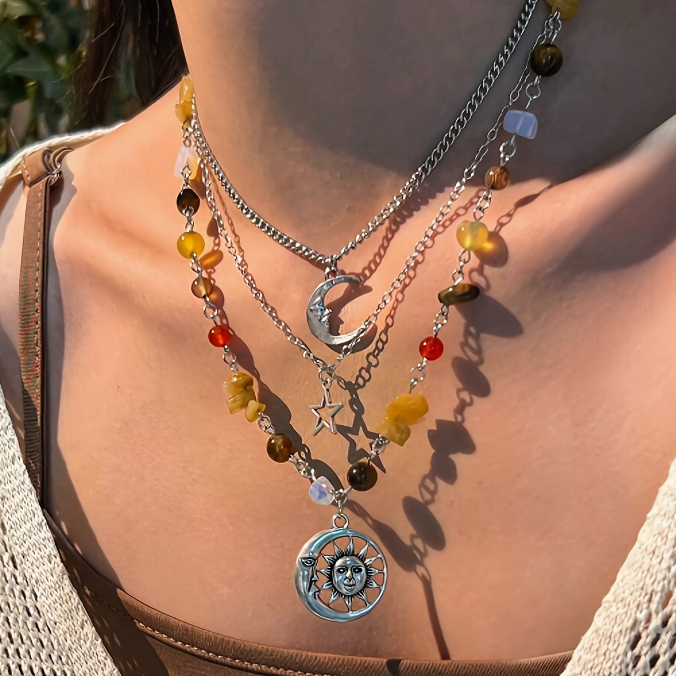 TEMU 3pcs Set Summer Bohemian Style Stackable Necklace With Moon, Star, And Sun Pendants, Featuring Multi-colored Natural Stones And Eye, For Summer