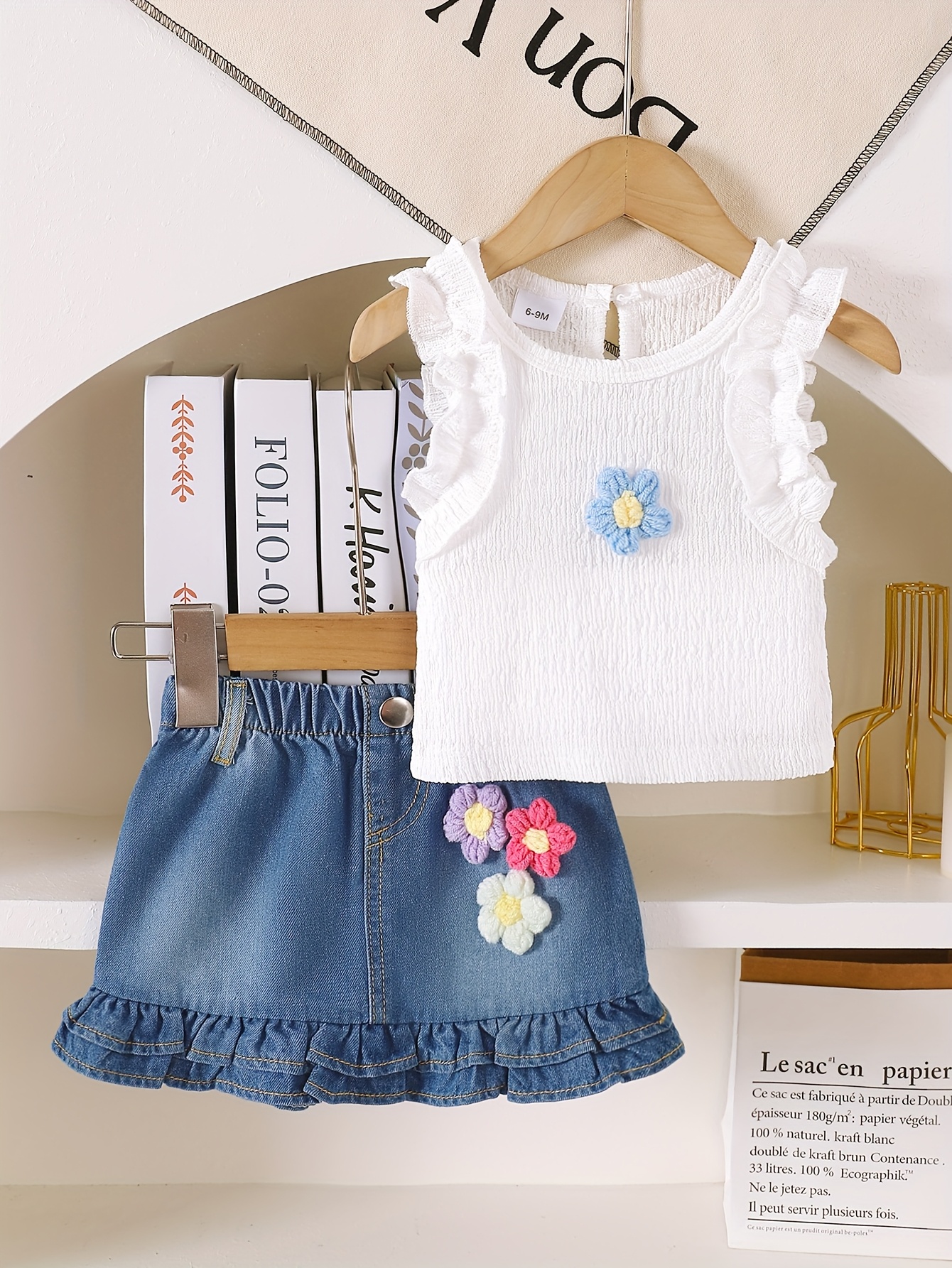 Denim Ruffle Set Outfit 2pcs Set For Girls: Sleeveless Ruffle-Trim