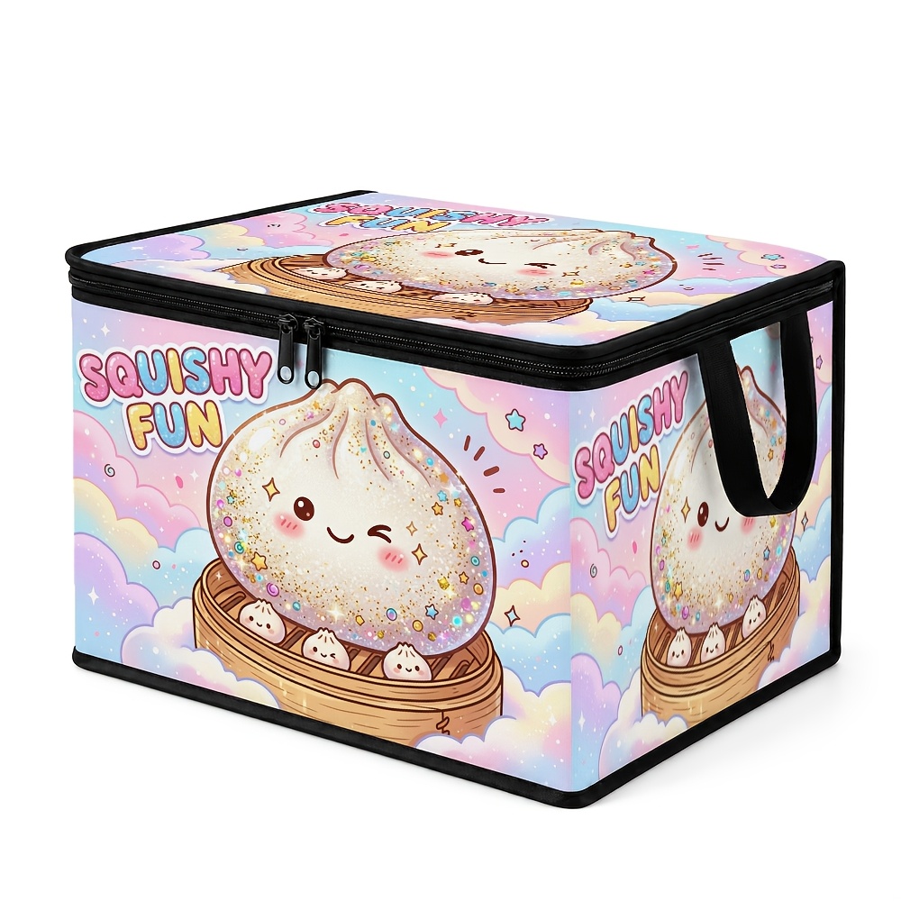 TEMU 1pc Glitter Kawaii Zippered Foldable Case, " Fun" Pattern Storage Box, Sturdy Structure, For Book Organization, Office Storage, Home