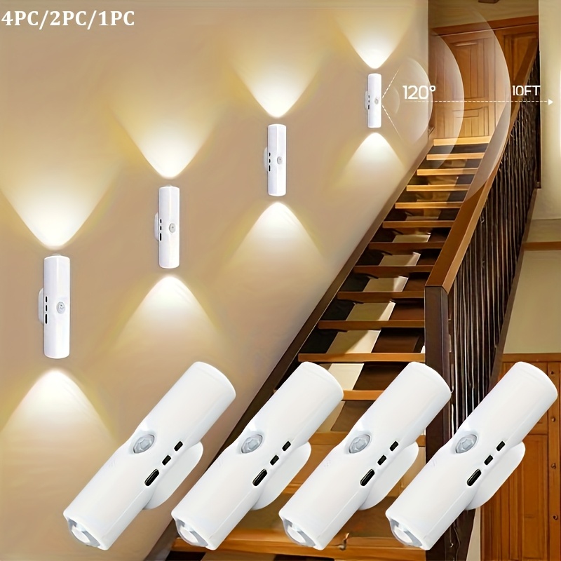 4 luces nocturnas inteligentes con sensor de movimiento y carga USB, doble cabezal de iluminación, 3 configuraciones de color, ideales para armarios, dormitorios, cocinas y pasillos, iluminación de pasillos, luces de dormitorio, luces modernas, luces decorativas, luces portátiles (4 unidades)